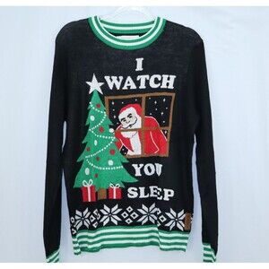 Tipsy Elves I Watch You Sleep Ugly Christmas Sweater Mens M Creepy Santa Black